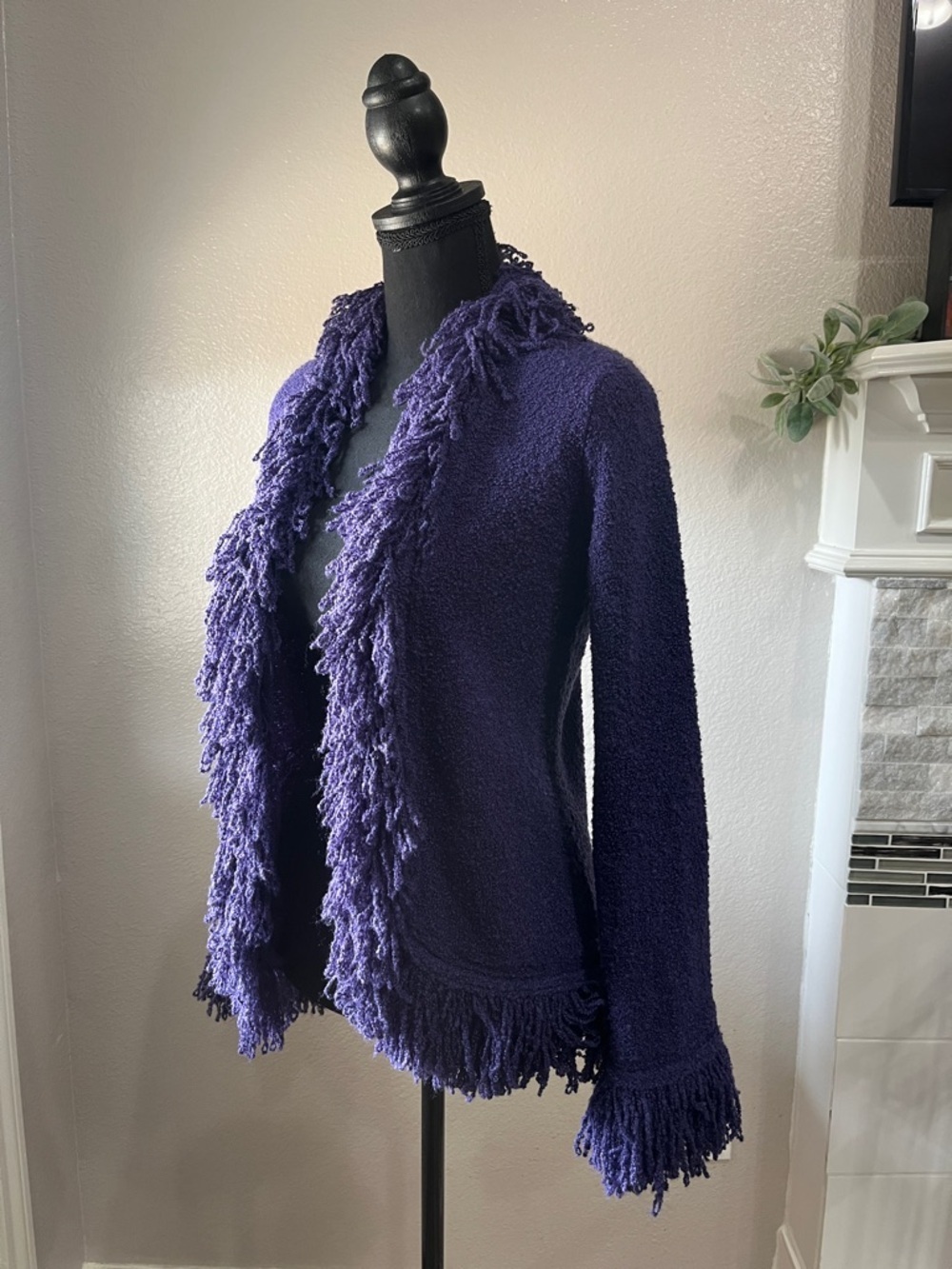 Dialogue Women’s Purple Bouclé Fringe Open-Front Cardigan Career Chic Sz XS